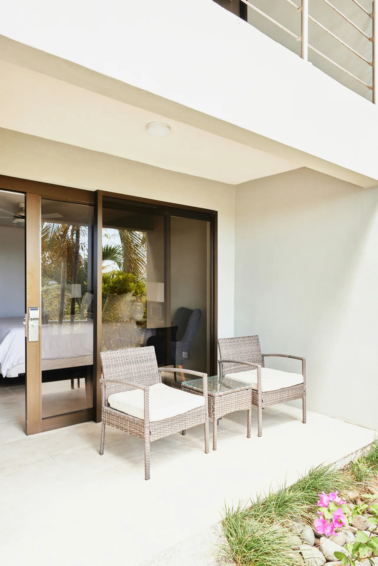 plain concrete patio pad off sliding doors at a Portland home