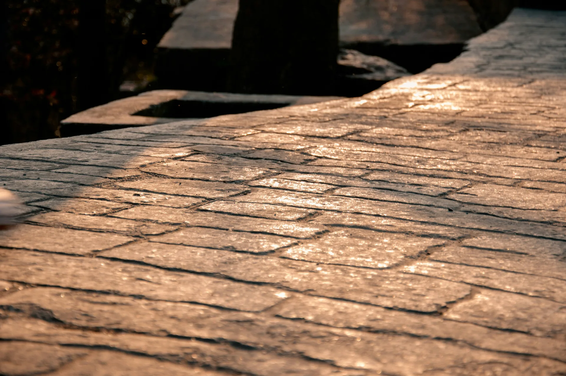 stamped concrete walkway finished at golden hour in Portland